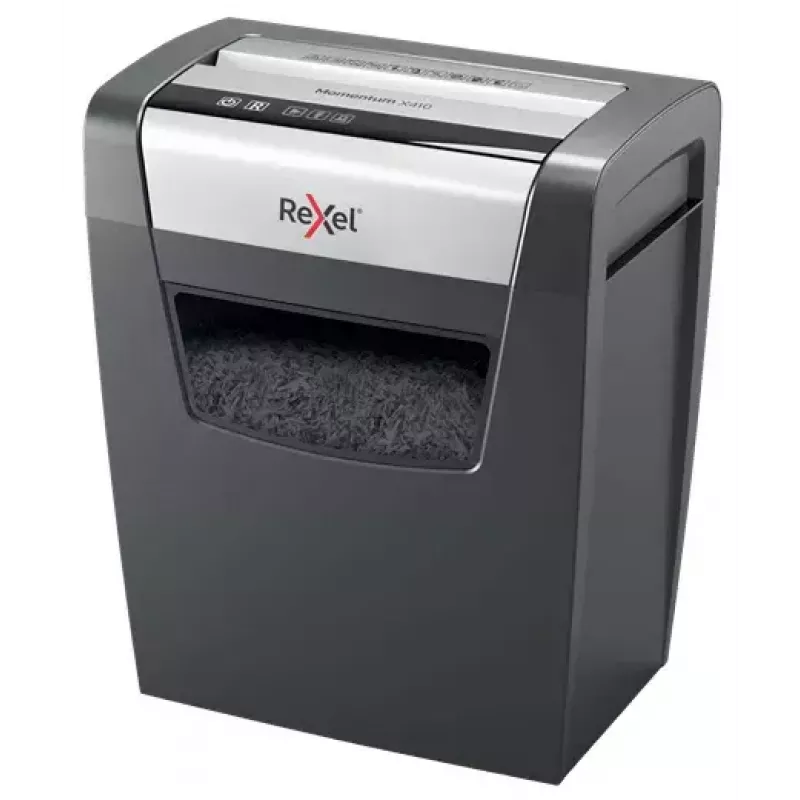 Popieriaus smulkintuvas REXEL Momentum X410 — dalelių pjūvis P-4, 4 x 28 mm, 10 lapų talpa, 23 l krepšys, apsauga nuo užstrigimo