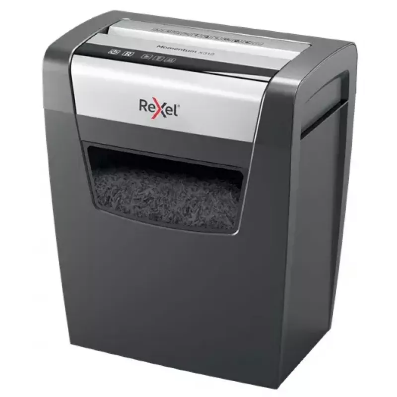 Popieriaus smulkintuvas REXEL Momentum X312 — dalelių pjovimas P-3, 12 lapų talpa, 23 l dėžė, 5 x 42 mm