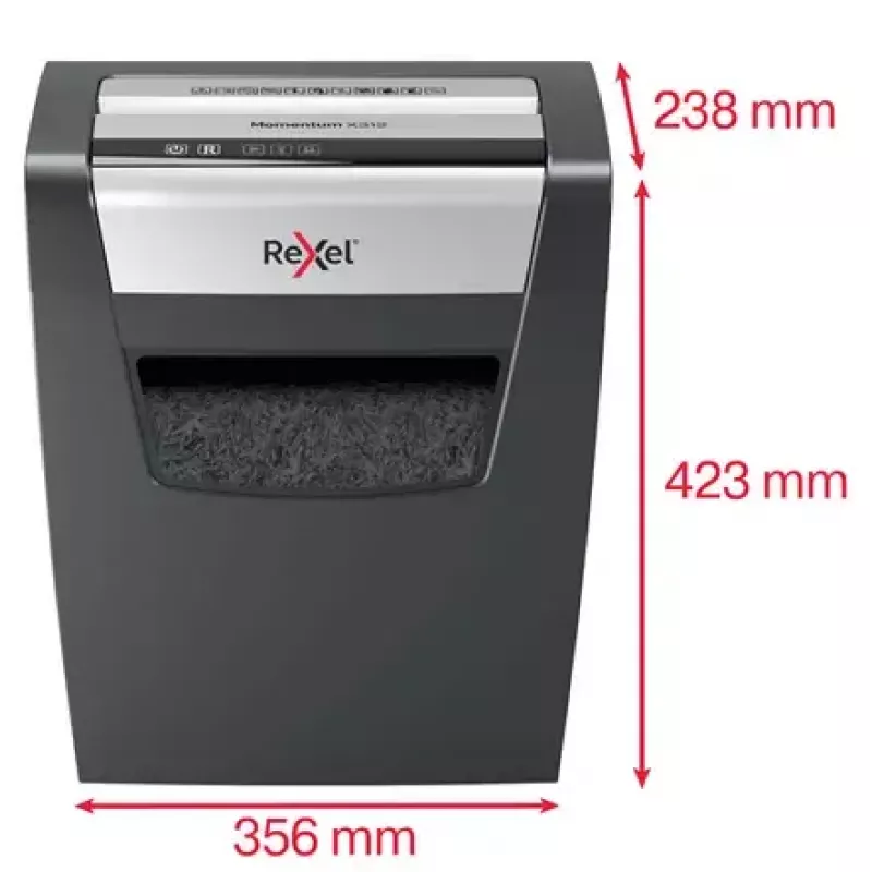 Popieriaus smulkintuvas REXEL Momentum X312 — dalelių pjovimas P-3, 12 lapų talpa, 23 l dėžė, 5 x 42 mm