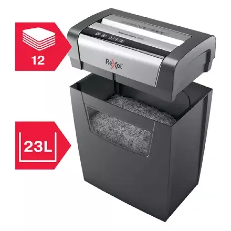 Popieriaus smulkintuvas REXEL Momentum X312 — dalelių pjovimas P-3, 12 lapų talpa, 23 l dėžė, 5 x 42 mm