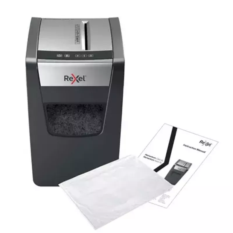 Smulkintuvas REXEL Momentum X312-SL — dalelių pjaustymas 5 x 42 mm, 12 lapų talpa, 23 L krepšys, mygtukų valdymas