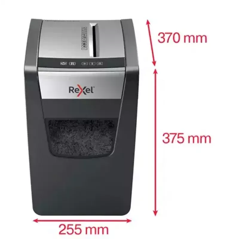 Smulkintuvas REXEL Momentum X312-SL — dalelių pjaustymas 5 x 42 mm, 12 lapų talpa, 23 L krepšys, mygtukų valdymas