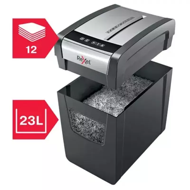 Smulkintuvas REXEL Momentum X312-SL — dalelių pjaustymas 5 x 42 mm, 12 lapų talpa, 23 L krepšys, mygtukų valdymas