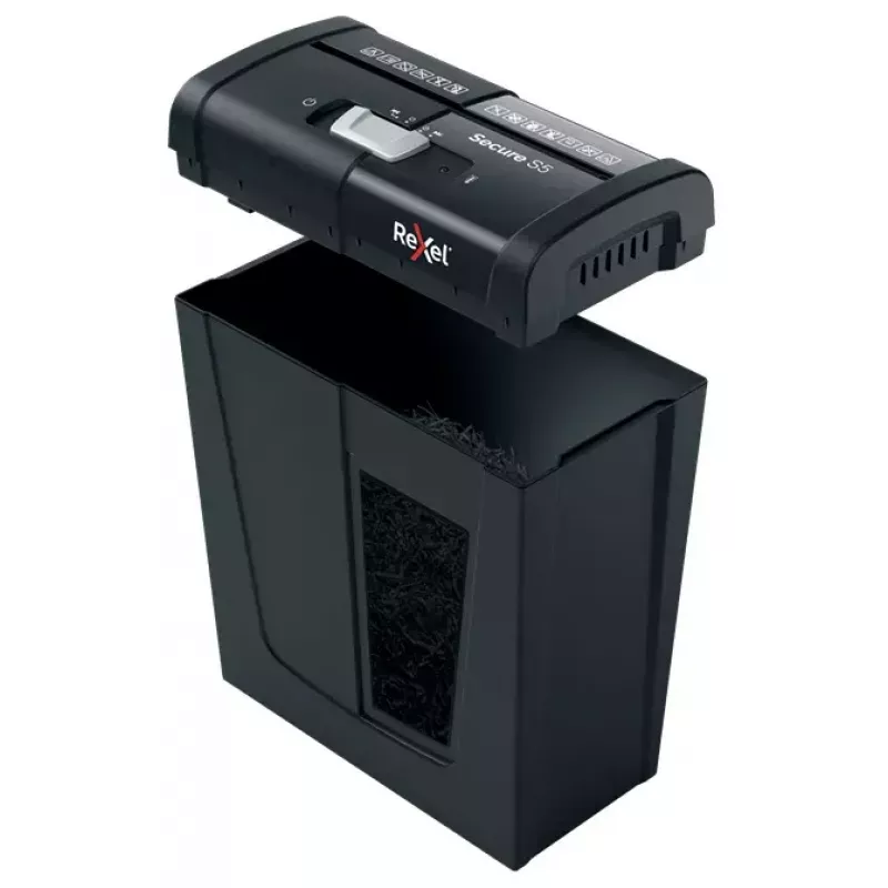 Popieriaus smulkintuvas REXEL Secure S5 — juostinis smulkintuvas, 5 lapų talpa, 6 mm pjūvis, 10 l dėžė, P-2 saugumas, juodas