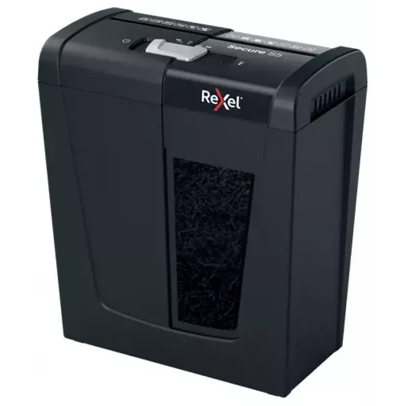 Popieriaus smulkintuvas REXEL Secure S5 — juostinis smulkintuvas, 5 lapų talpa, 6 mm pjūvis, 10 l dėžė, P-2 saugumas, juodas