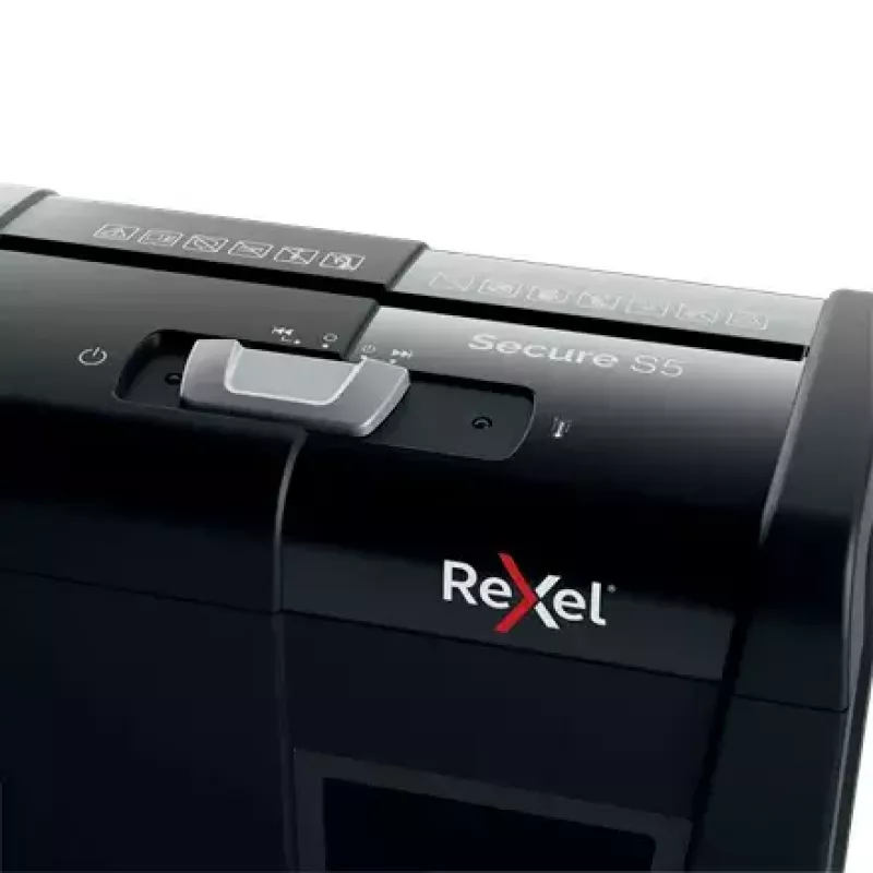 Popieriaus smulkintuvas REXEL Secure S5 — juostinis smulkintuvas, 5 lapų talpa, 6 mm pjūvis, 10 l dėžė, P-2 saugumas, juodas