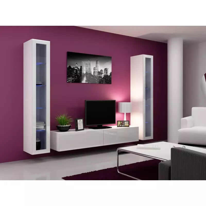 Vitrina Cama Meble VIGO 180 montuojama ant sienos stiklinė spinta 1800×400×300 mm balta/baltas blizgesys