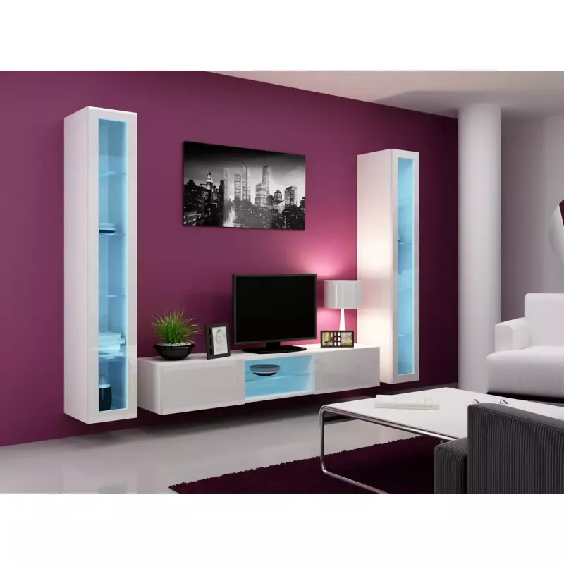 Vitrina Cama Meble VIGO 180 montuojama ant sienos stiklinė spinta 1800×400×300 mm balta/baltas blizgesys