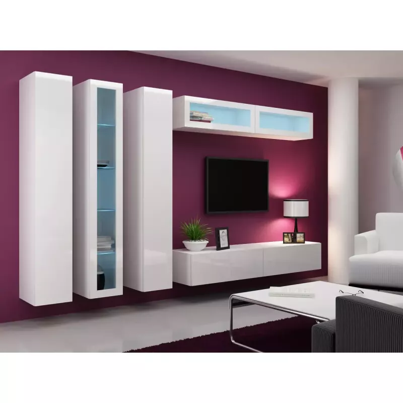 Vitrina Cama Meble VIGO 180 montuojama ant sienos stiklinė spinta 1800×400×300 mm balta/baltas blizgesys