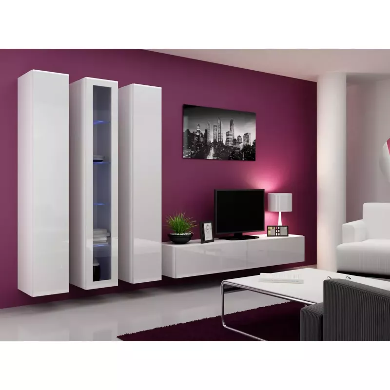 Vitrina Cama Meble VIGO 180 montuojama ant sienos stiklinė spinta 1800×400×300 mm balta/baltas blizgesys