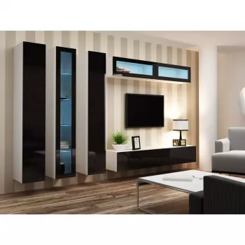 Vitrina cama meble VIGO 180 sieninė stiklinė 1800×400×300 mm balta/juoda blizgi