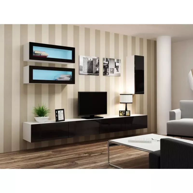 Vitrinos spinta cama meble VIGO 90 — sieninė stiklinė spinta 90×350×320 mm balta/juoda blizgi