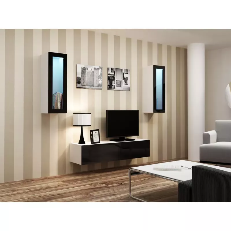 Vitrinos spinta cama meble VIGO 90 — sieninė stiklinė spinta 90×350×320 mm balta/juoda blizgi
