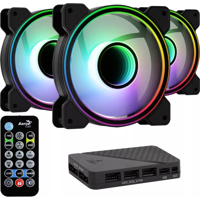 Aerocool MIRAGE12PRO rinkinys 3x ventiliatorius PC 12cm ARGB 6 kontaktų stebulė tylus juodas