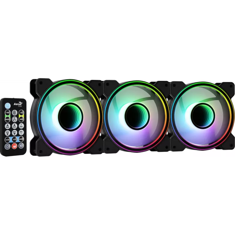 Aerocool MIRAGE12PRO rinkinys 3x ventiliatorius PC 12cm ARGB 6 kontaktų stebulė tylus juodas
