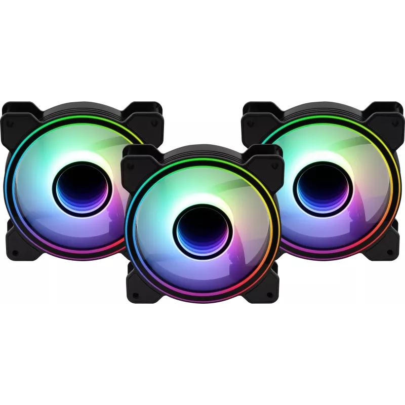 Aerocool MIRAGE12PRO rinkinys 3x ventiliatorius PC 12cm ARGB 6 kontaktų stebulė tylus juodas