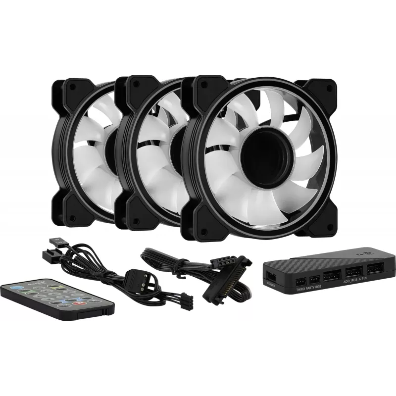 Aerocool MIRAGE12PRO rinkinys 3x ventiliatorius PC 12cm ARGB 6 kontaktų stebulė tylus juodas