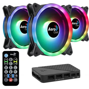 Aerocool DUO12PRO rinkinys 3x ventiliatorius 12 cm ARGB LED dvigubas žiedas antivibracinis 6 kontaktų, juodas