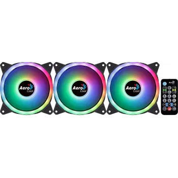 Aerocool DUO12PRO rinkinys 3x ventiliatorius 12 cm ARGB LED dvigubas žiedas antivibracinis 6 kontaktų, juodas