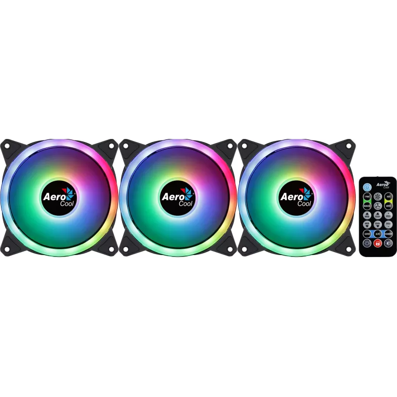 Aerocool DUO12PRO rinkinys 3x ventiliatorius 12 cm ARGB LED dvigubas žiedas antivibracinis 6 kontaktų, juodas