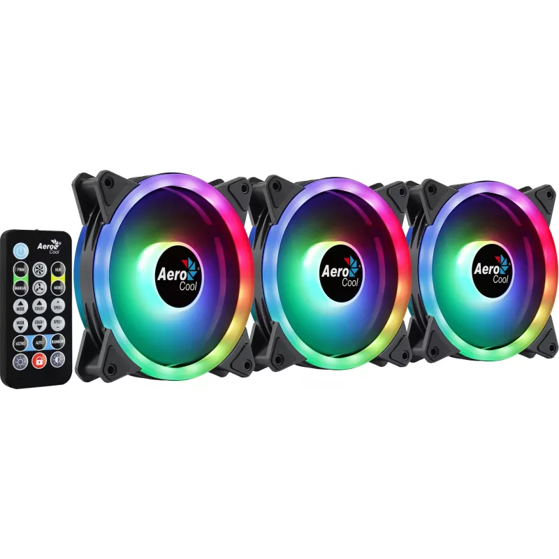 Aerocool DUO12PRO rinkinys 3x ventiliatorius 12 cm ARGB LED dvigubas žiedas antivibracinis 6 kontaktų, juodas