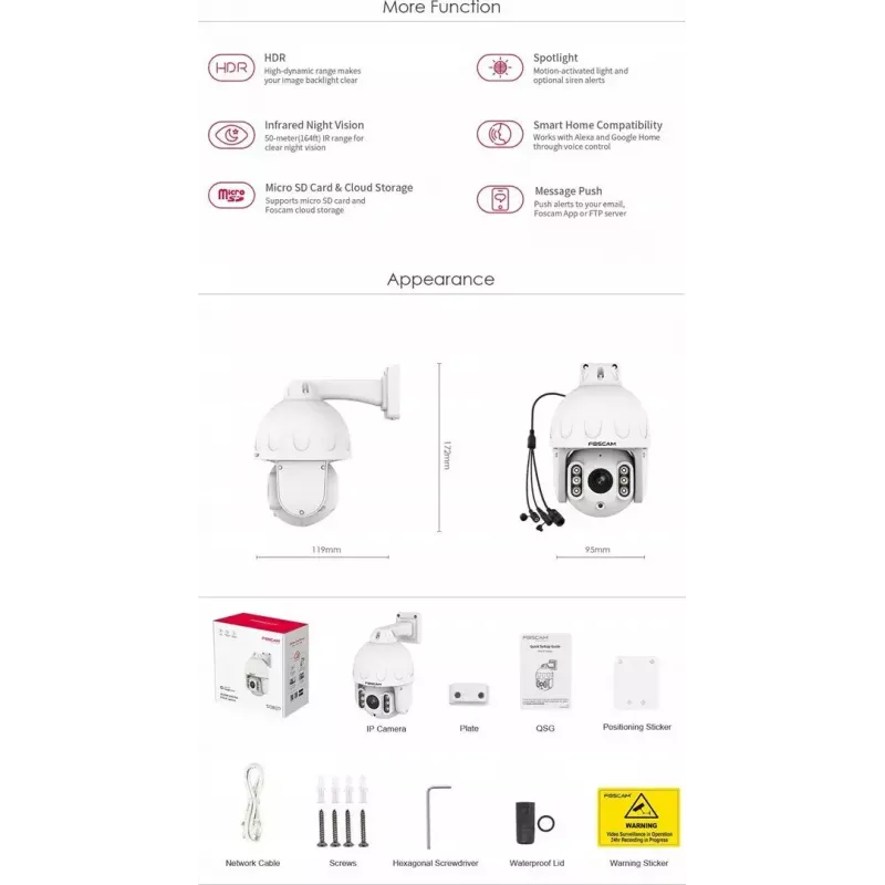 IP PTZ apsaugos kamera Foscam SD8EP — 8 MP, 4x optinis priartinimas, 6x skaitmeninis, 355° pasukimas, 90° pakreipimas, IP66, lauko, balta