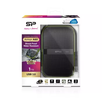 Išorinis HDD “Silicon Power Armor A60” 1 TB 2,5 colio USB 3.2 Gen 1, atsparus smūgiams, AES-256, juodas