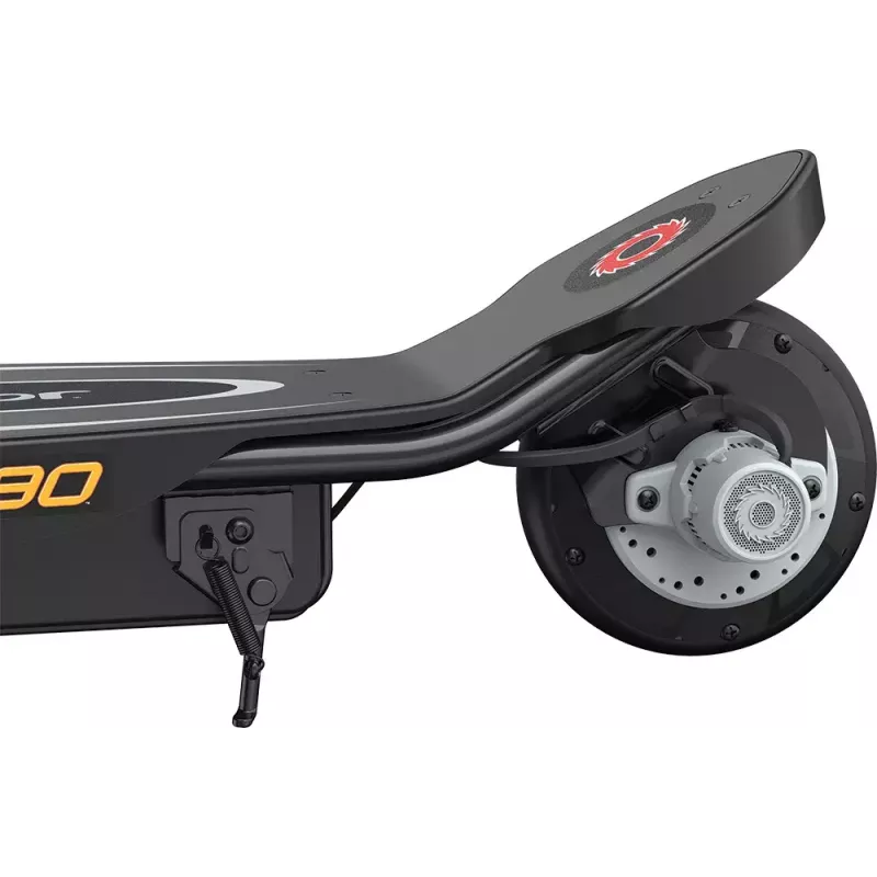 Elektrinis paspirtukas Razor Power Core E90 — 12 V švino baterija, iki 16 km/val. greitis, plieninis rėmas, vientisi ratai, apkrova 54 kg