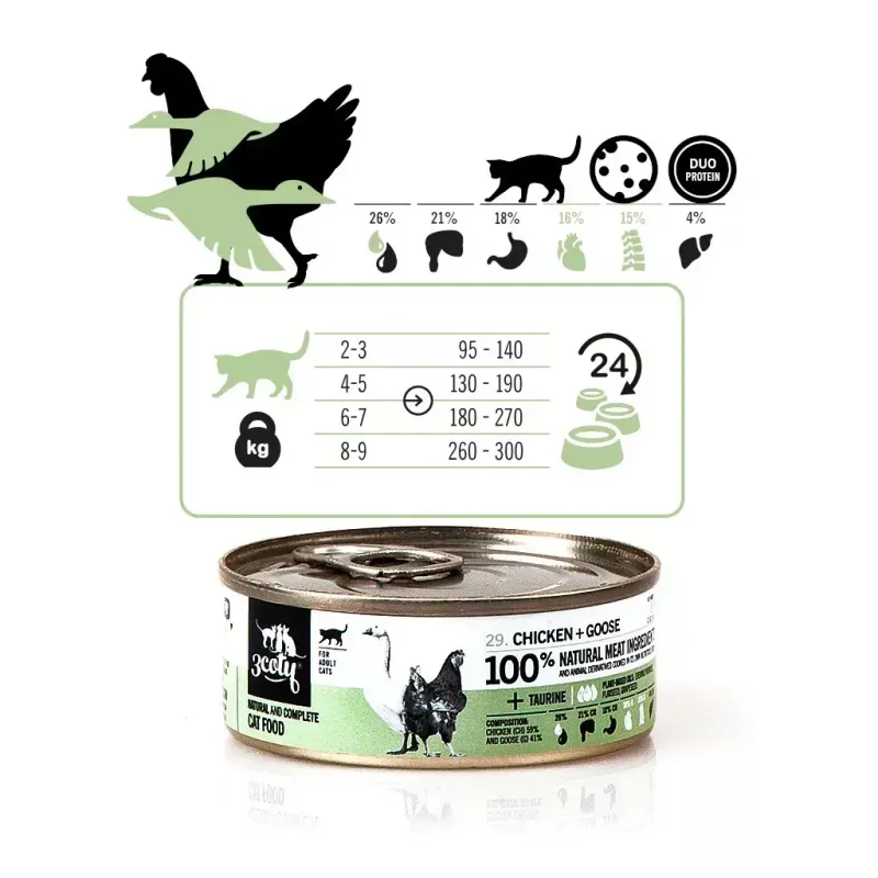 Šlapias kačių maistas 3coty Chicken with Goose 80 g skardinė — pilnavertis suaugusių kačių pašaras, 19% baltymų, 12% riebalų