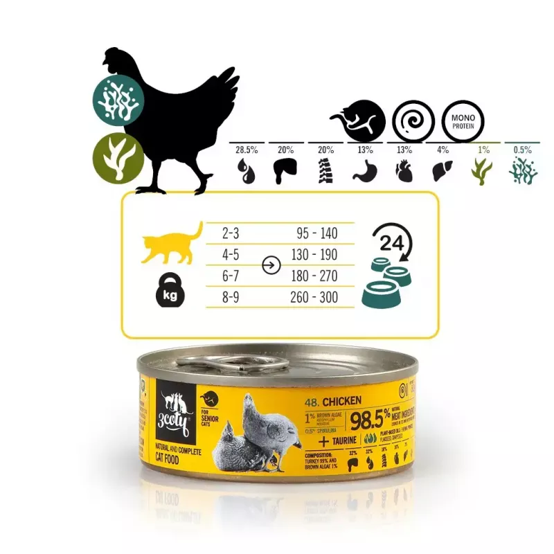 Šlapias kačių maistas 3coty Vištiena su spirulina Senior — vienas 80 g paketėlis, pilnavertis be grūdų maistas vyresnio amžiaus katėms