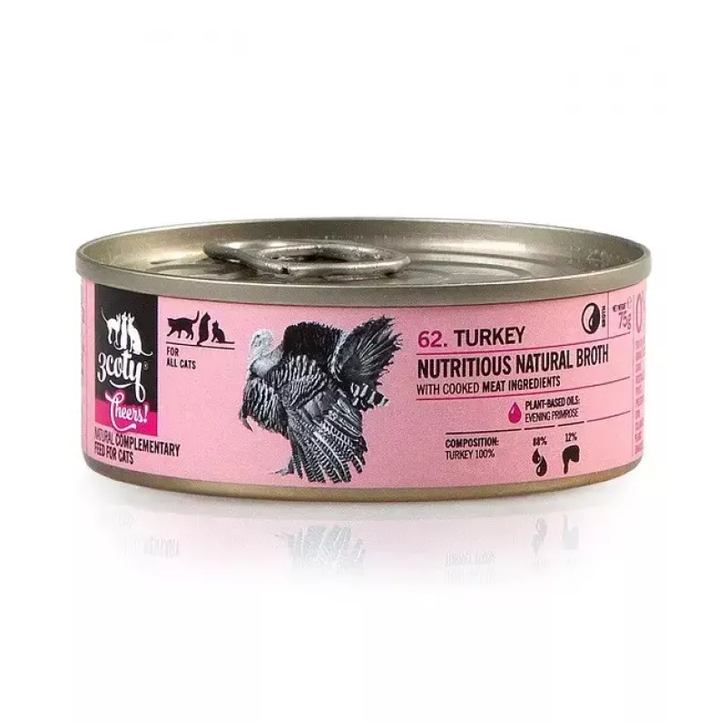 Šlapias kačių maistas 3coty Turkey Cheers 75 g — suaugusios katės, papildomas vienos porcijos pakelis, 80% drėgmės, 6% baltymų