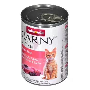 Šlapias kačių maistas animonda Carny Kitten jautiena ir kalakutiena 400 g skardinėje, 80% drėgmės, 10,5% baltymų, jauniems kačiukams