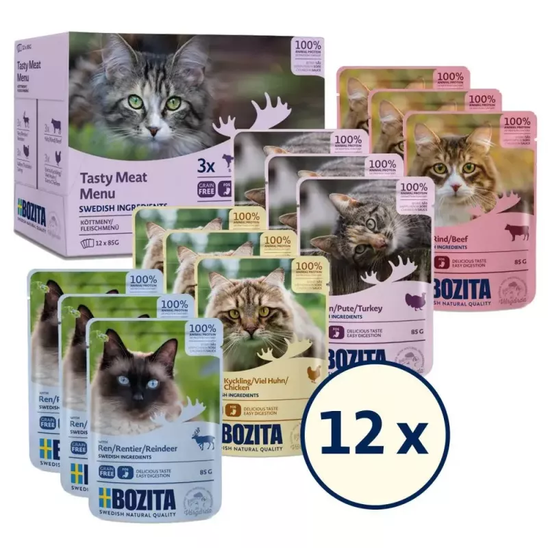 Šlapias kačių maistas BOZITA 85 g paketėlis — Jautiena, Vištiena, Elniena, Kalakutiena, be grūdų, suaugusios katės, 12×85 g pakuotė