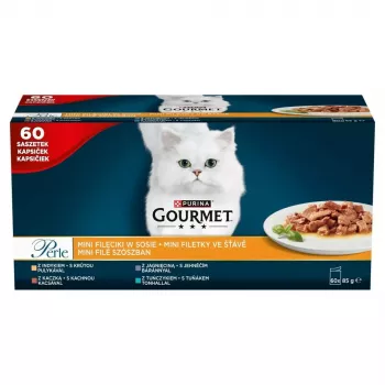 Šlapias kačių maistas Purina Nestlé GOURMET Perle Mini filė gabaliukai padaže, pakeliai 60 x 85 g, suaugusios katės, 80% drėgmės