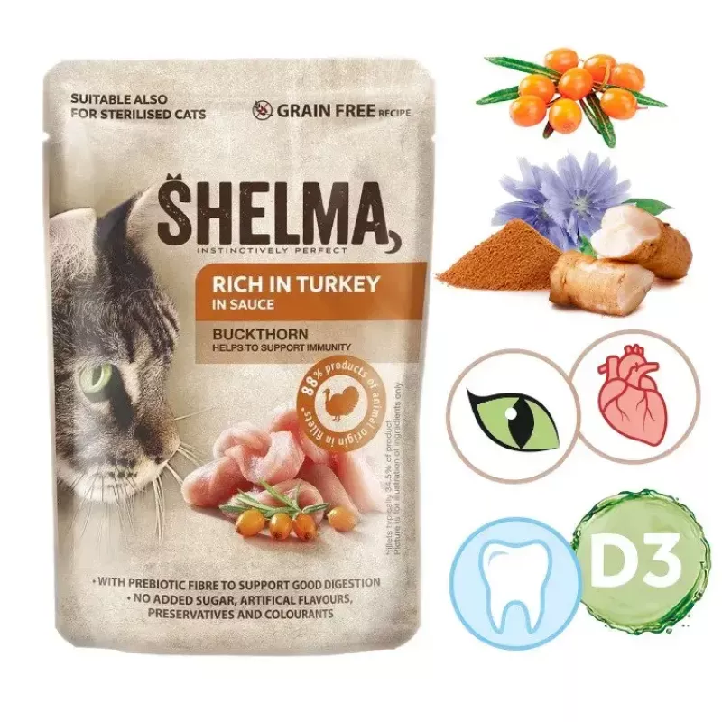 Šlapias kačių ėdalas SHELMA Rich in turkey padaže 85 g — suaugusioms katėms, be glitimo, tinka esant maisto alergijoms