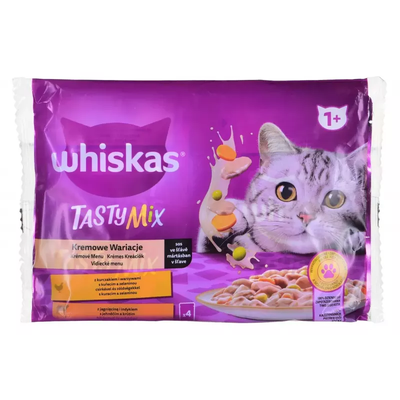 Drėgnas kačių ėdalas Whiskas 85 g maišeliuose, suaugusioms katėms, 4 x 85 g, vištienos/ėrienos skonio, drėgmė 83,5%, baltymai 7%