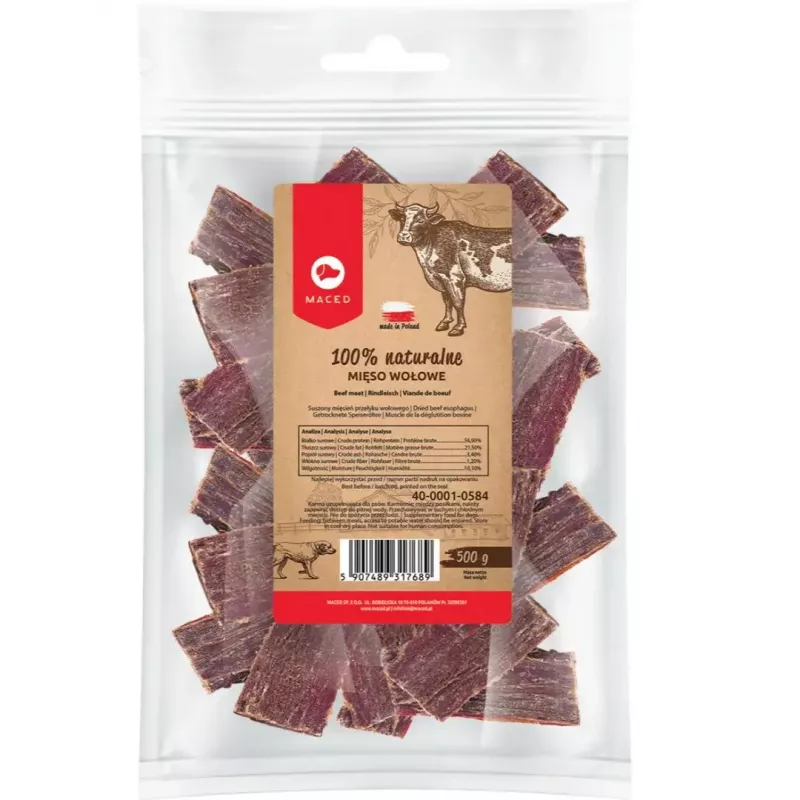 Šlapias šunų maistas MACED Beef 100% Nature, 500 g — suaugę šunys, baltymai 56,9%, riebalai 21,5%, drėgmė 10,1%