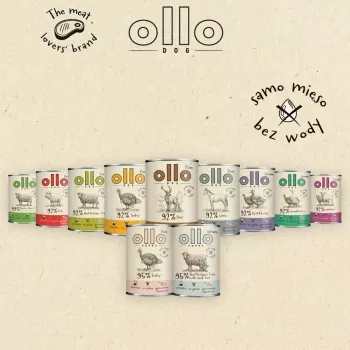 Šlapias šunų maistas OLLO Pure Pork 850 g — visaveris suaugusiems šunims skirtas šlapias maistas, monoproteininis, 17% baltymų, 11,5% riebalų, 63% drėgmės