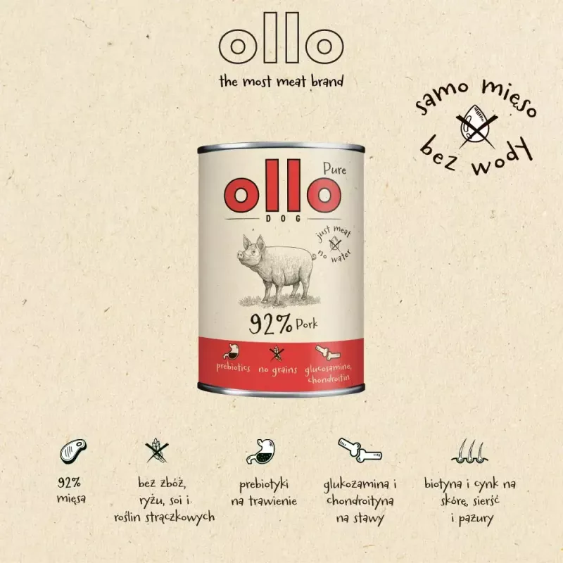 Šlapias šunų maistas OLLO Pure Pork 850 g — visaveris suaugusiems šunims skirtas šlapias maistas, monoproteininis, 17% baltymų, 11,5% riebalų, 63% drėgmės