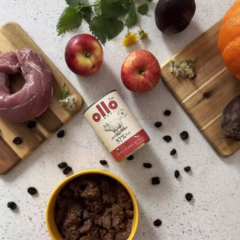 Šlapias šunų maistas OLLO Pure Pork 850 g — visaveris suaugusiems šunims skirtas šlapias maistas, monoproteininis, 17% baltymų, 11,5% riebalų, 63% drėgmės