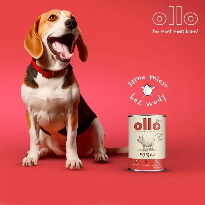 Šlapias šunų maistas OLLO Pure Pork 850 g — visaveris suaugusiems šunims skirtas šlapias maistas, monoproteininis, 17% baltymų, 11,5% riebalų, 63% drėgmės