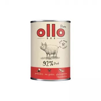 Šlapias šunų maistas OLLO Pure Pork 850 g — visaveris suaugusiems šunims skirtas šlapias maistas, monoproteininis, 17% baltymų, 11,5% riebalų, 63% drėgmės