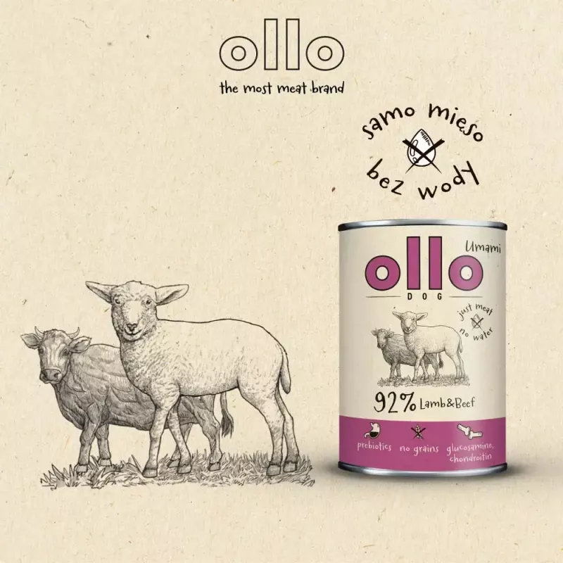 Šlapias šunų maistas OLLO Umami Lamb and Beef 850 g — suaugusiems, be grūdų, be glitimo ir sojos