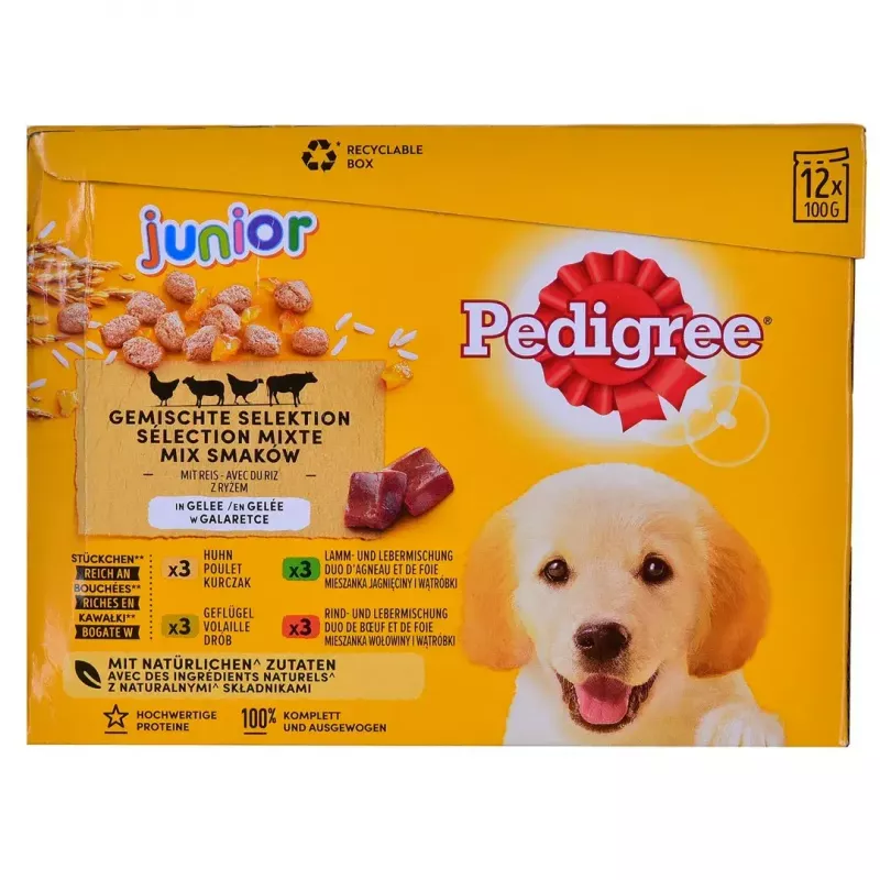 Šlapias šunų ėdalas Pedigree Junior Selection Mix 12×100 g — šlapias ėdalas šuniukams, 12 paketėlių (100 g), drėgnumas 80,5%, baltymai 8,5%, riebalai 6%