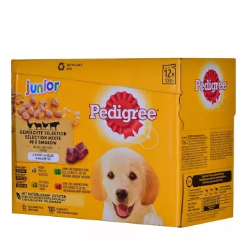 Šlapias šunų ėdalas Pedigree Junior Selection Mix 12×100 g — šlapias ėdalas šuniukams, 12 paketėlių (100 g), drėgnumas 80,5%, baltymai 8,5%, riebalai 6%