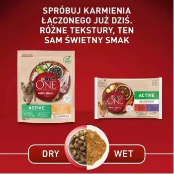 Šlapias šunų maistas Purina Nestlé One Mini/Small Active Beef 85 g — šlapias maistas suaugusiems mažų veislių šunims, 76,4 % drėgmės, 12,5 % baltymų