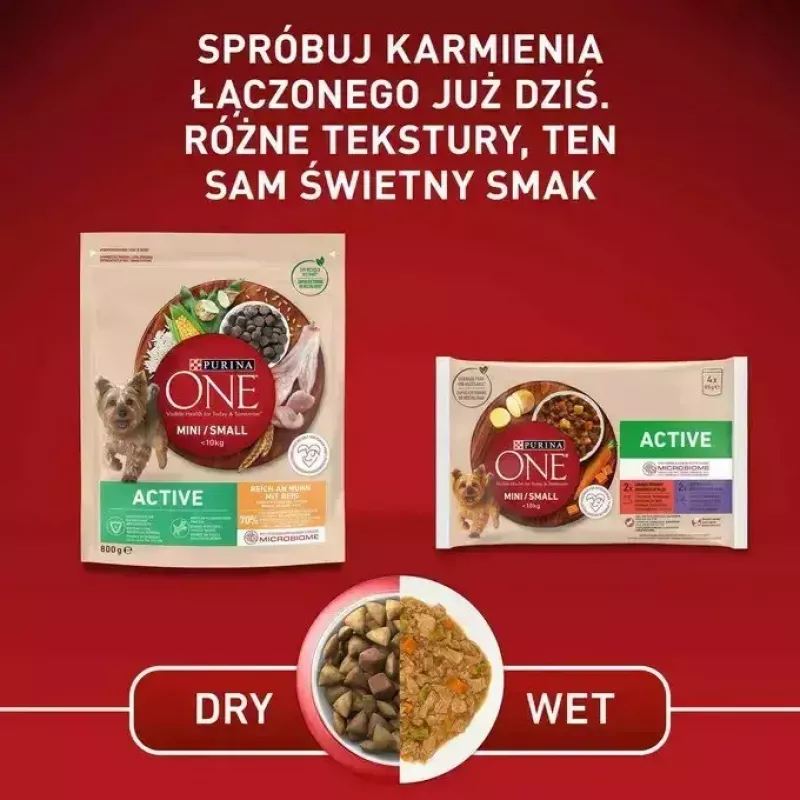 Šlapias šunų maistas Purina Nestlé One Mini/Small Active Beef 85 g — šlapias maistas suaugusiems mažų veislių šunims, 76,4 % drėgmės, 12,5 % baltymų