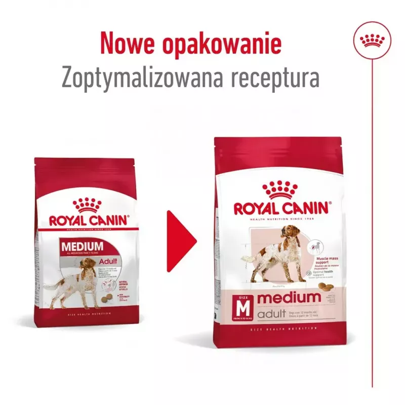 Sausas šunų ėdalas Royal Canin Medium Adult — vištiena ir kiauliena, 4 kg; baltymai 25%, riebalai 14%