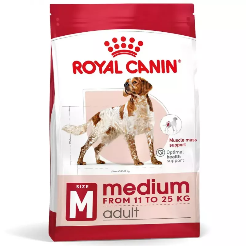 Sausas šunų ėdalas Royal Canin Medium Adult — vištiena ir kiauliena, 4 kg; baltymai 25%, riebalai 14%