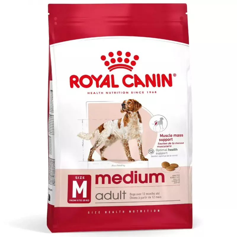 Sausas šunų ėdalas Royal Canin Medium Adult — vištiena ir kiauliena, 4 kg; baltymai 25%, riebalai 14%